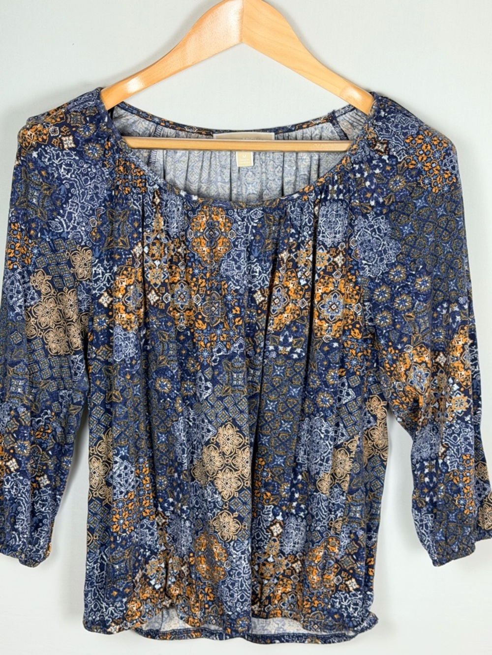 Michael Kors Boho Peasant Top Blue Orange Print 3/4 Sleeve Lightweight M